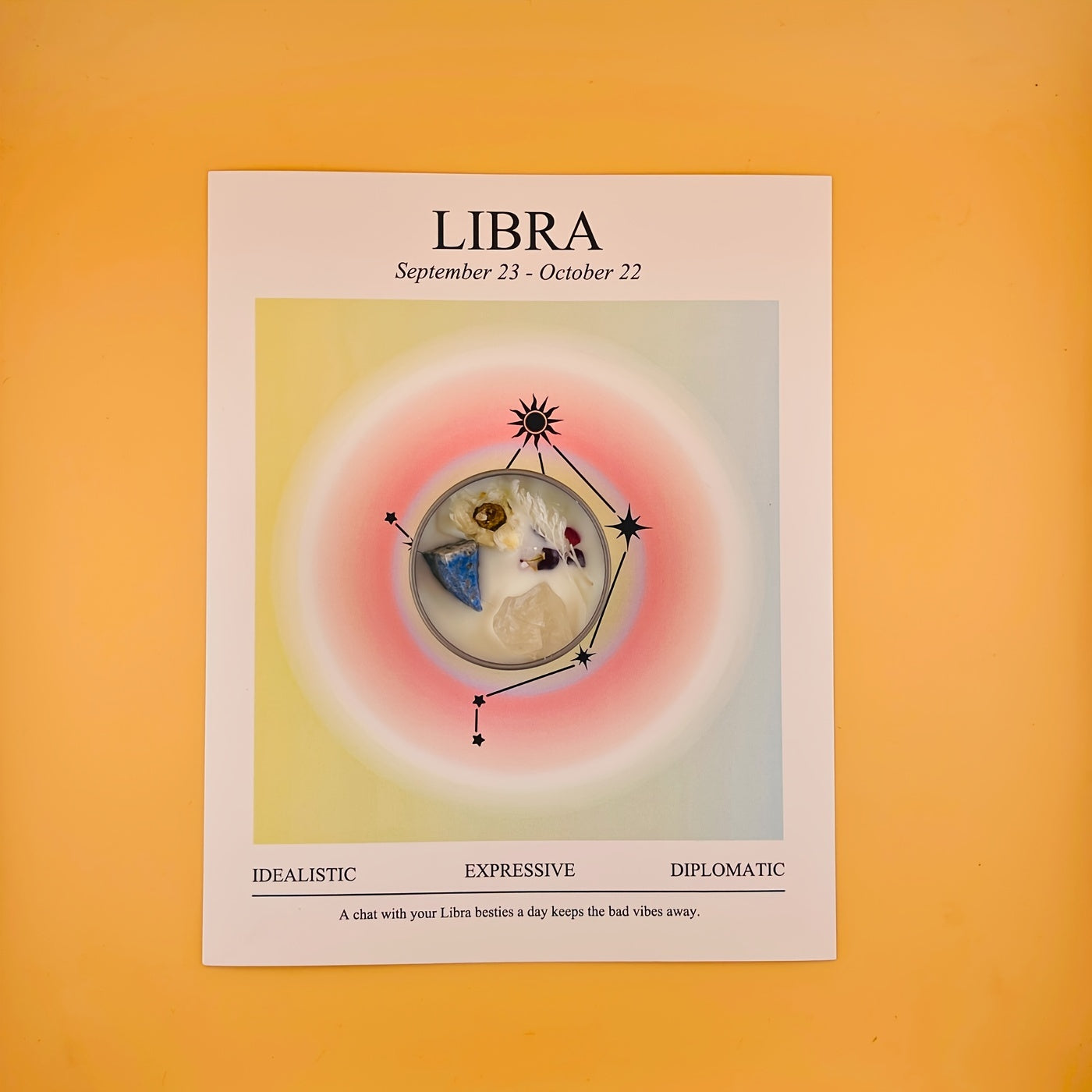 Libra zodiac sign illustration with descriptive text on a yellow background