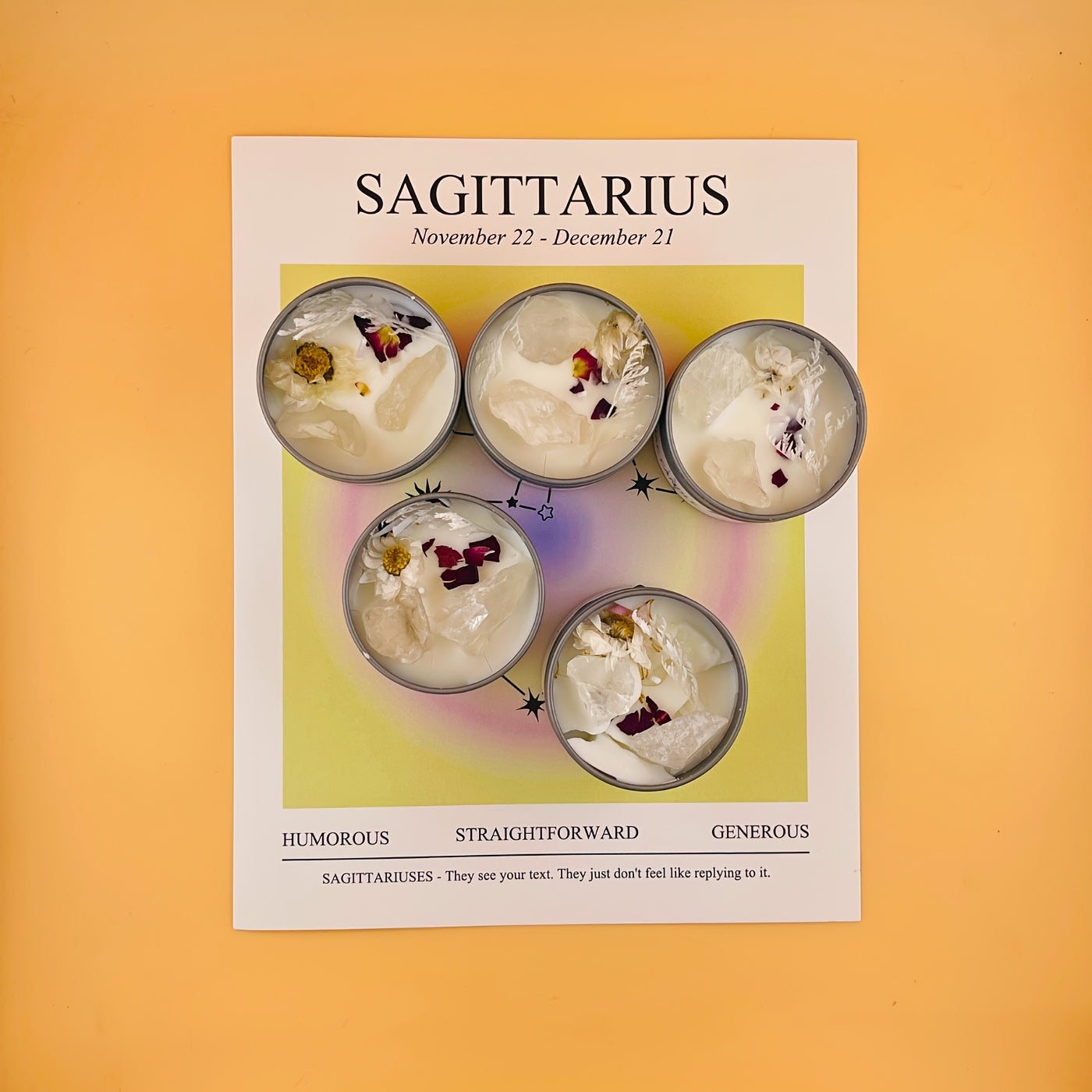 Sagittarius zodiac sign with decorative elements on a yellow background