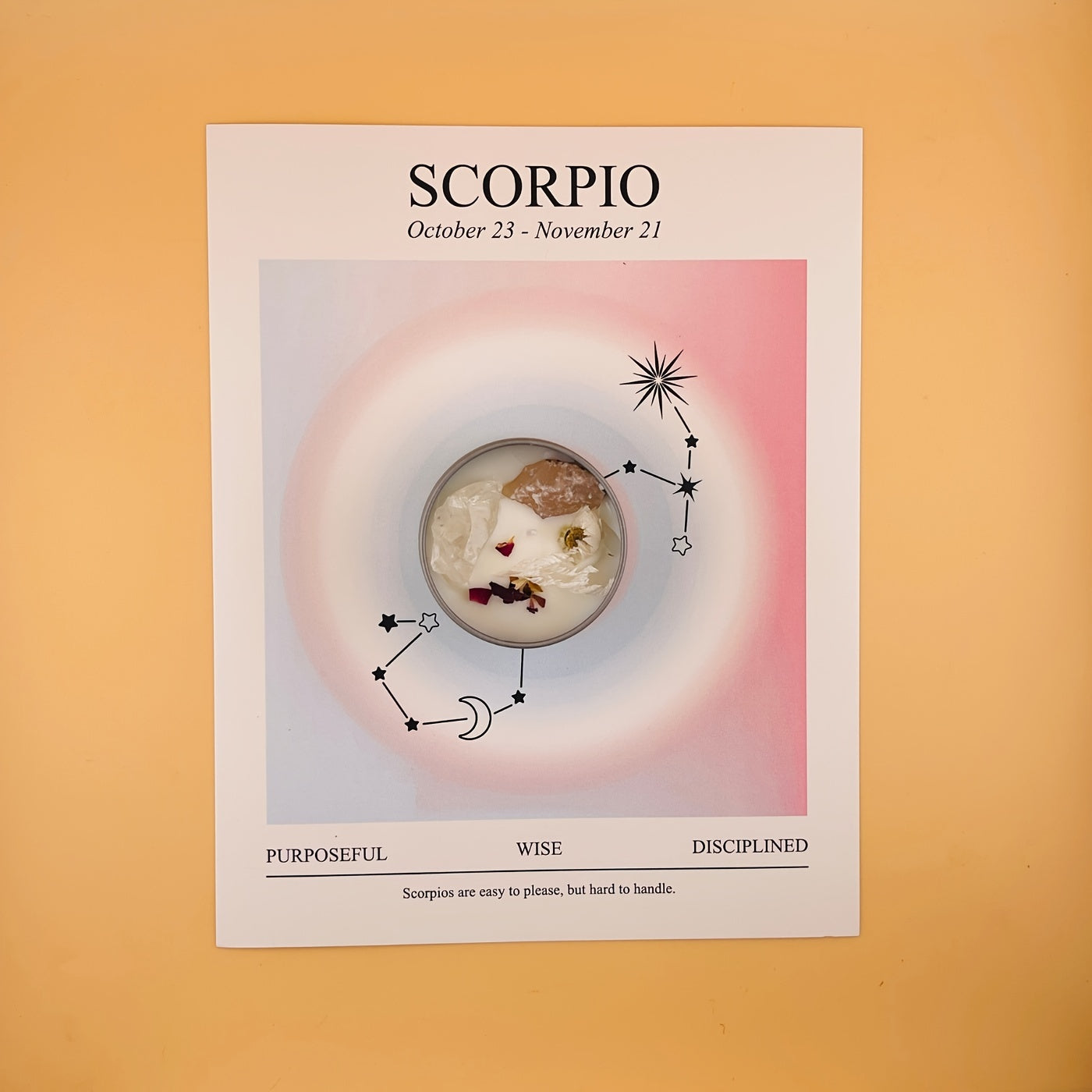 Scorpio zodiac sign poster with astrological symbols and descriptive text on a gradient background.