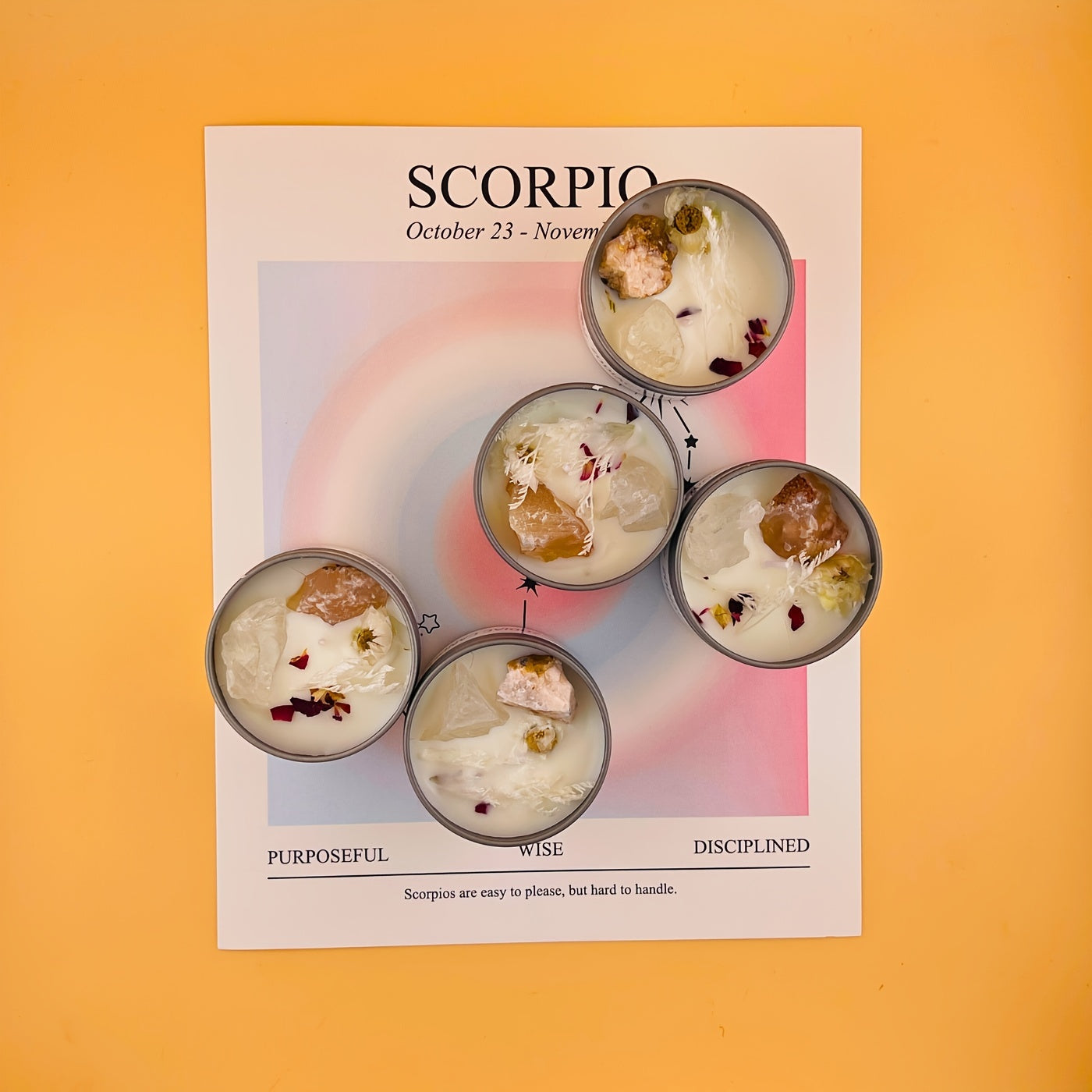 Candle holders with a Scorpio zodiac theme on an orange background