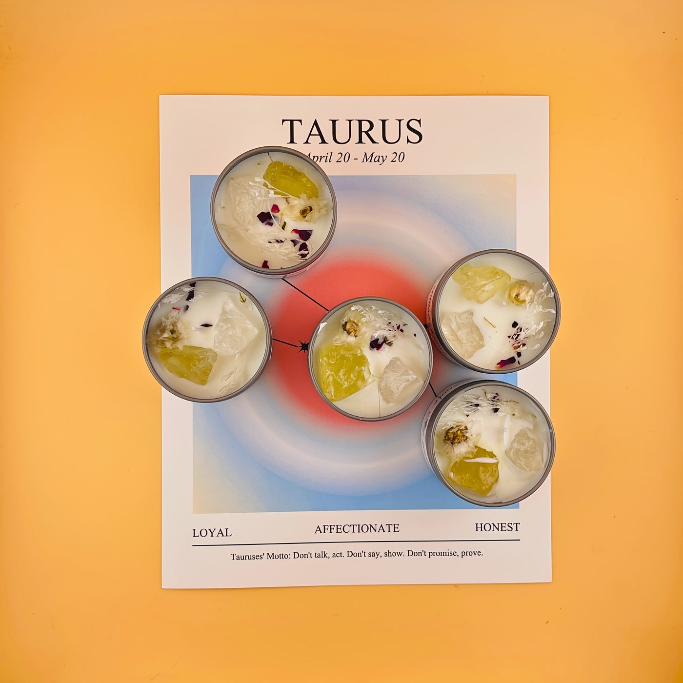 Cocktail glasses with a Taurus zodiac theme on a yellow background