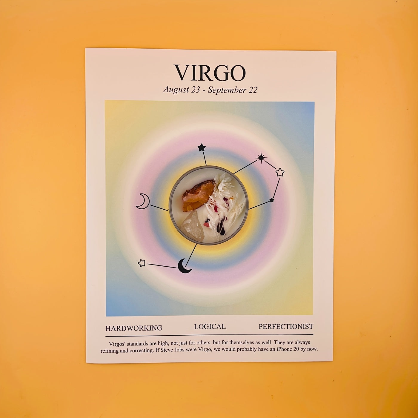 Virgo zodiac sign illustration with astrological symbols on a yellow background