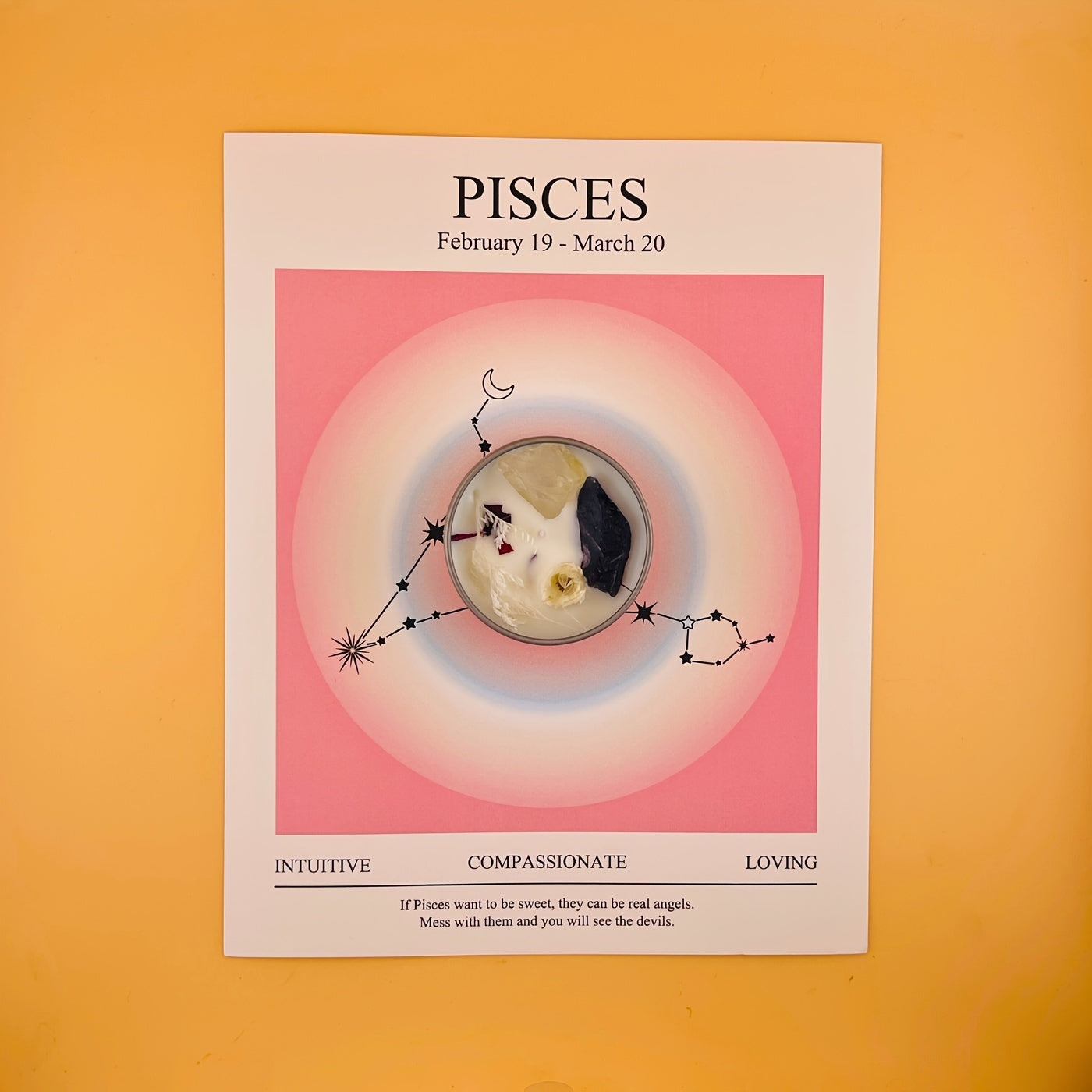 Pisces zodiac sign illustration on a pink background with a yellow border