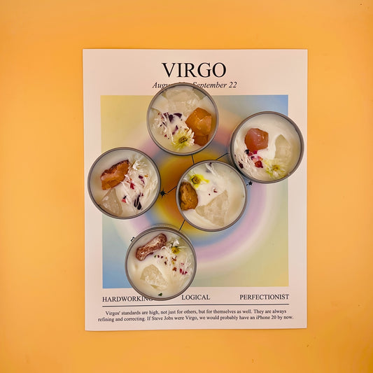 Dessert platter with five small dishes on a 'Virgo' themed card against an orange background