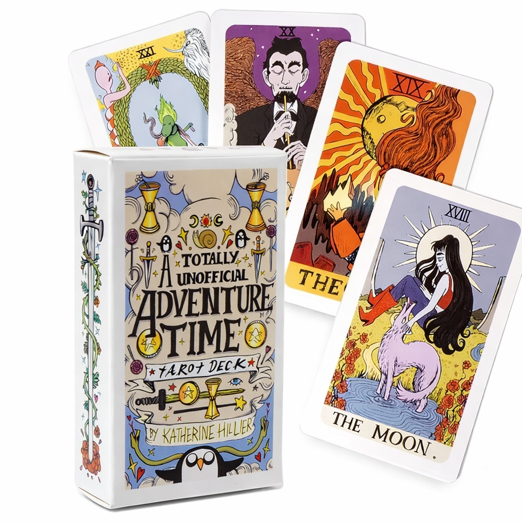 Tarot cards with colorful illustrations and a box labeled 'Adventure Time Tarot Deck' on a white background.