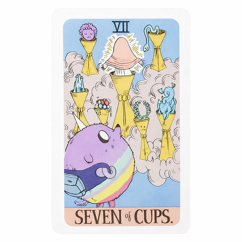 Seven of Cups tarot card with colorful design and text on a white background