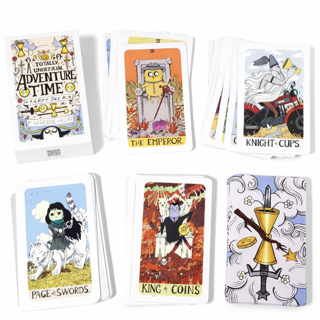 Set of tarot cards with colorful illustrations and text on a white background