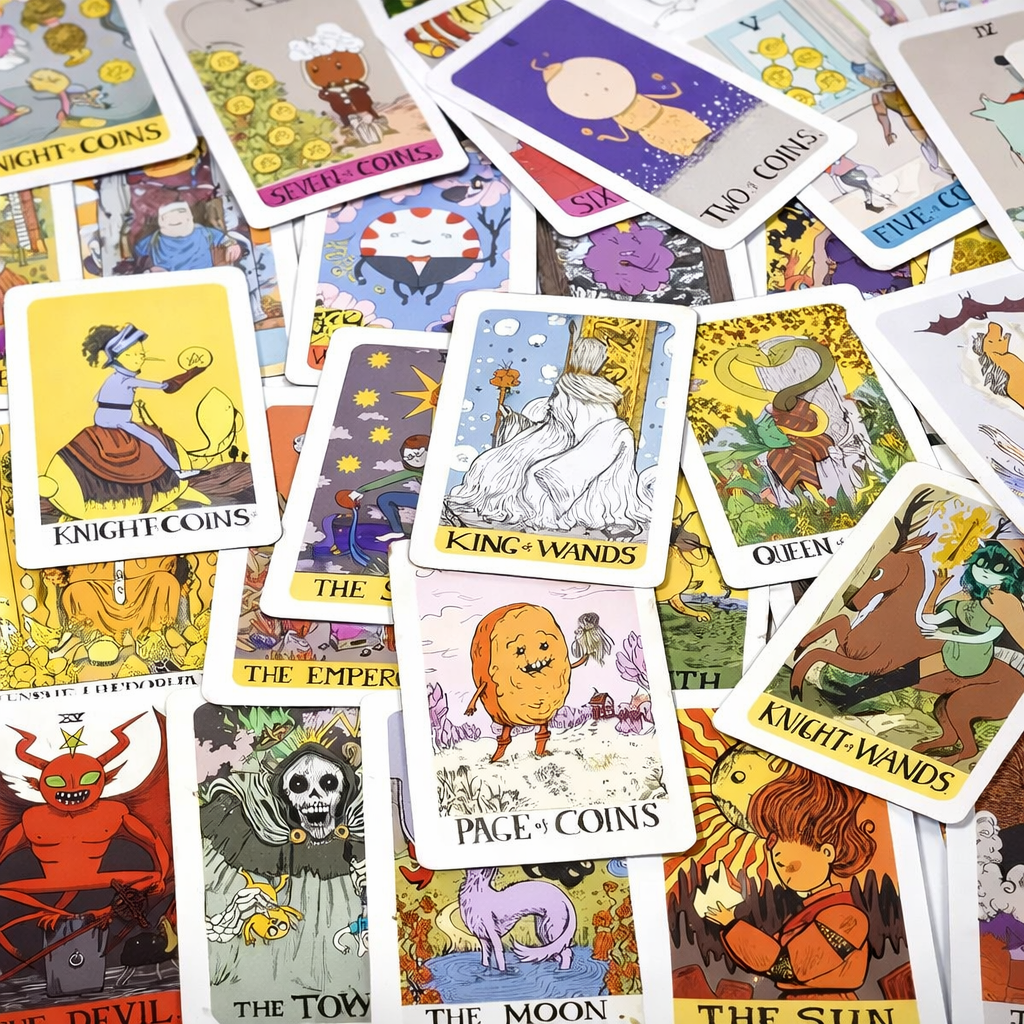 Collection of colorful tarot cards with various illustrations and text.