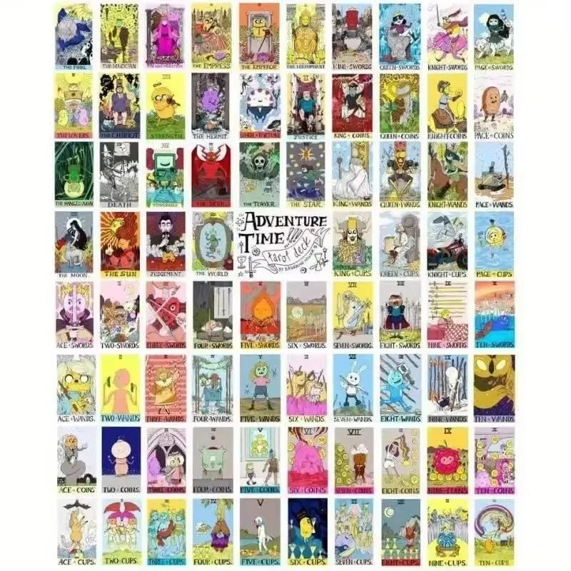 Collection of colorful character cards from 'Adventure Time' with a central 'Adventure Time' logo.
