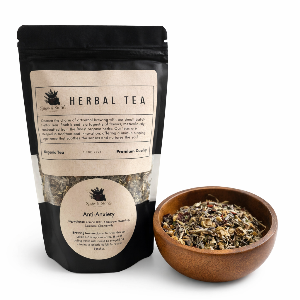 Anti-anxiety herbal tea package with a wooden bowl of tea leaves on a white background.  -Clover's Charm