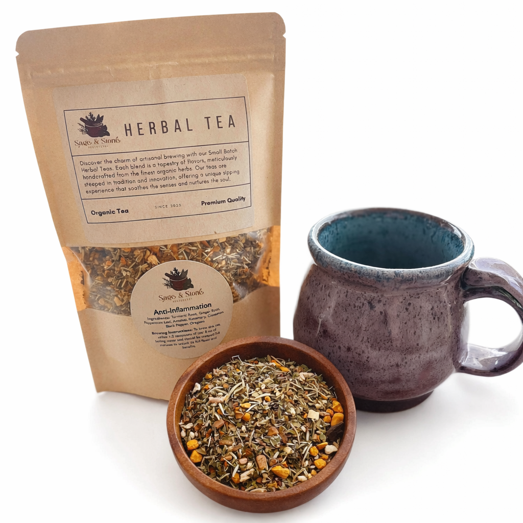 Anti-inflammatory herbal tea package, bowl of tea leaves, and ceramic mug on a white background. -Clover's Charm