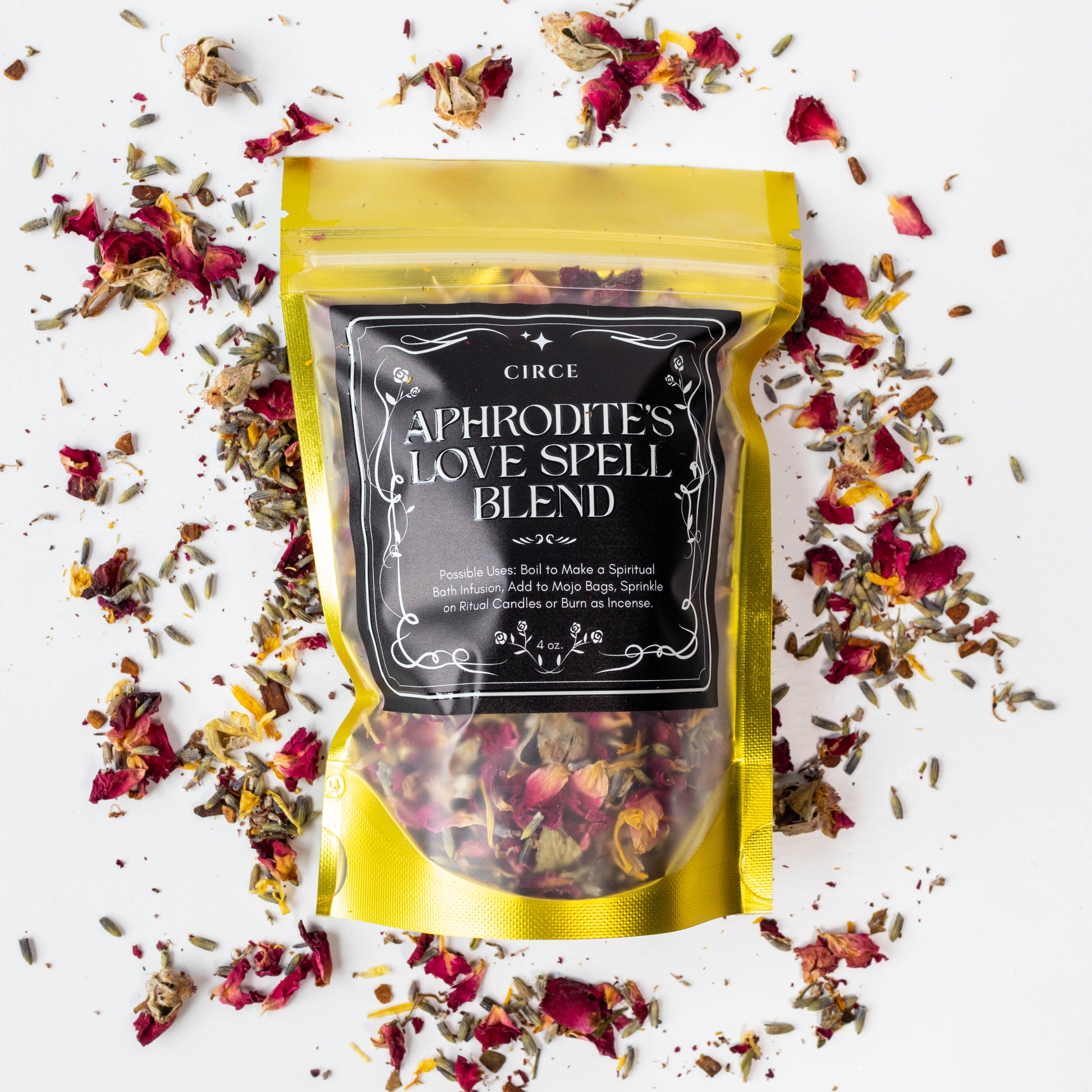 Herbal Ritual Blend by Circe Boutique with four intention herbs for cleansing, love, and prosperity, displayed in a jar with herbs.