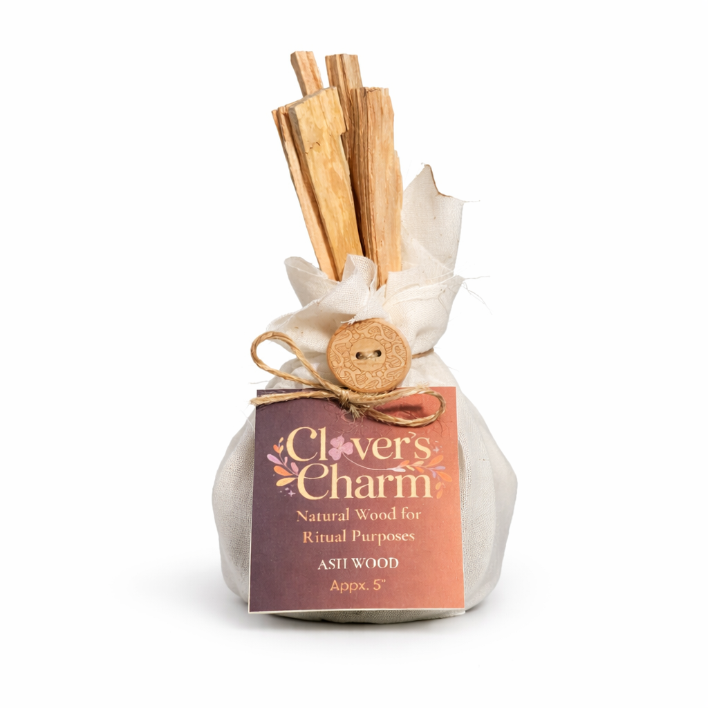 Ash wood ritual bundle with natural ash wood sticks, botanicals, and muslin pouch by Clover’s Charm