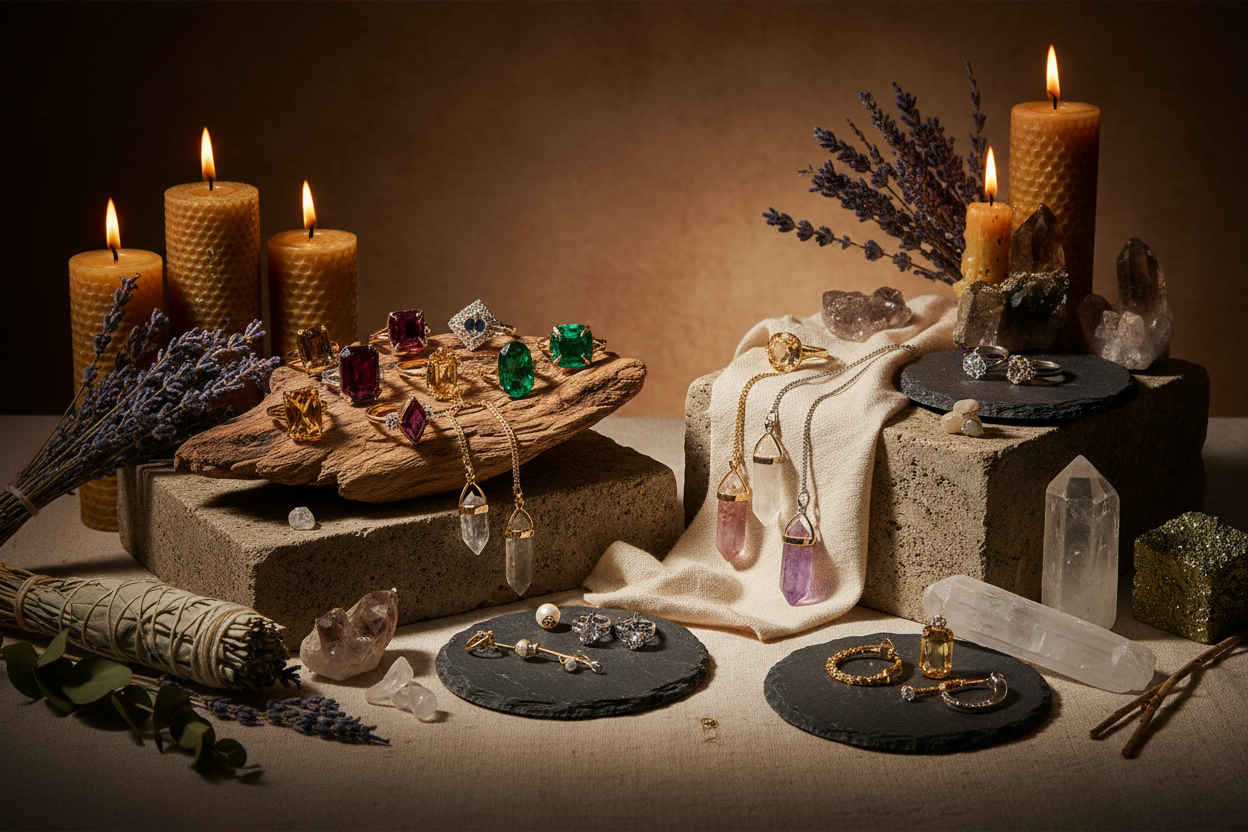 Jewelry displayed across an altar space with lit candles and crystals and other altar tools. - Clover's Charm