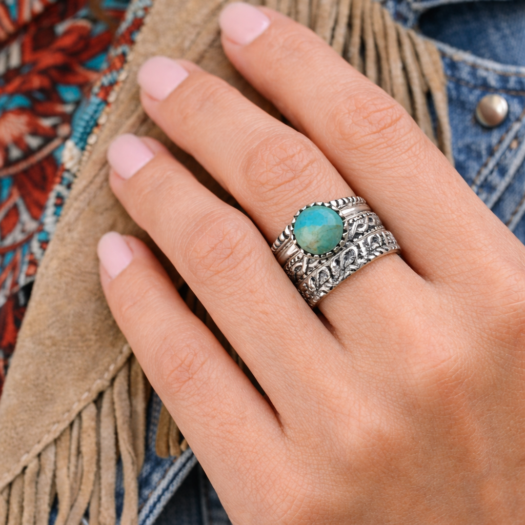 Hand wearing a sterling silver stacker ring with a turquoise stone against a textured fabric background
