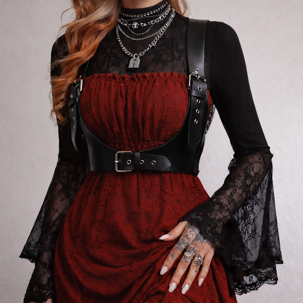 Model wearing a black PU leather corset waist harness belt over a red lace dress with sheer black lace sleeves, featuring adjustable straps and metal buckles, on a white background.
