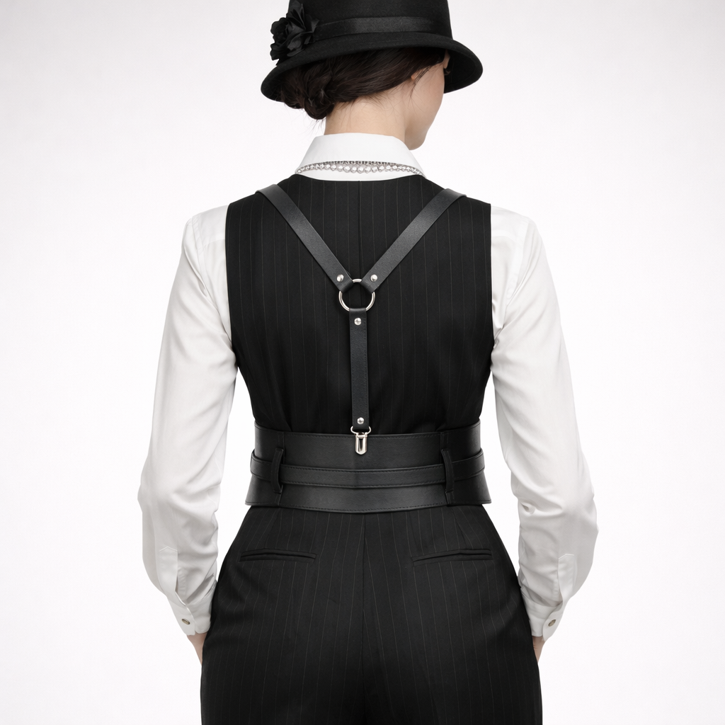 A woman dressed in a 1920s style women's pant suit. Wearing a waist belt harness. A Y section on the back composed of three separate leather straps meeting at a metal ring. With large leather coreset style belt with its own smaller belt. All on a white background.