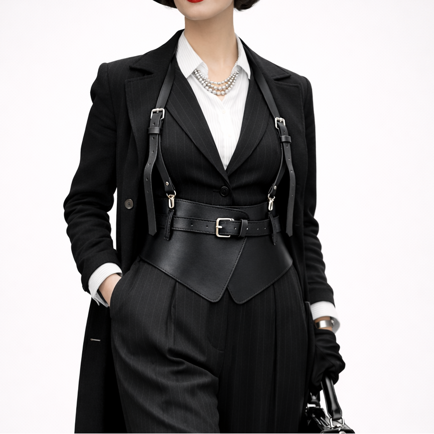 Woman wearing a black coat with leather straps and a hat on a white background