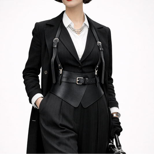 Woman wearing a black coat with leather straps and a hat on a white background
