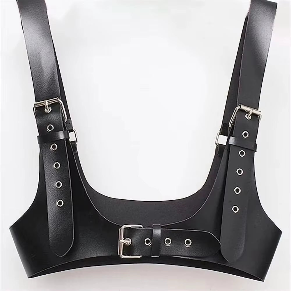Black PU leather harness with metal buckles on a white background