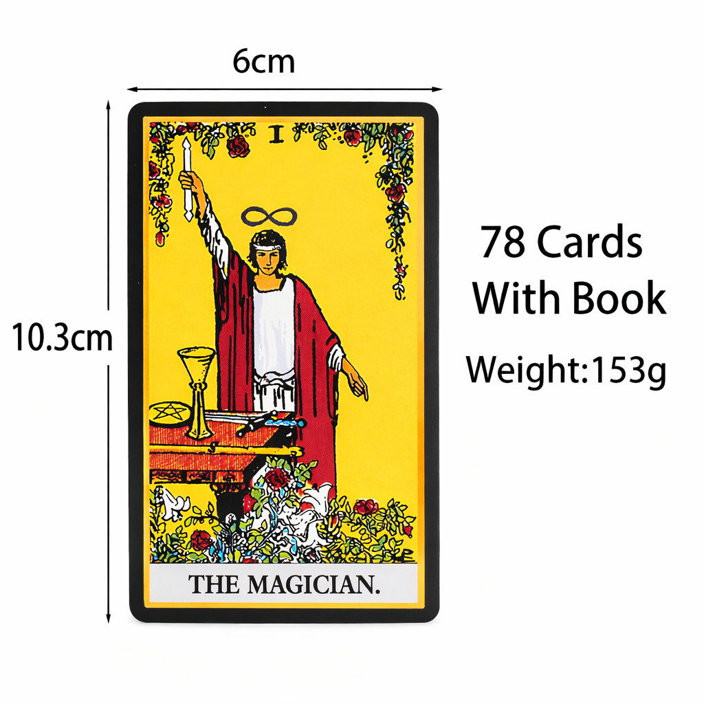Tarot card with dimensions and product details on a white background