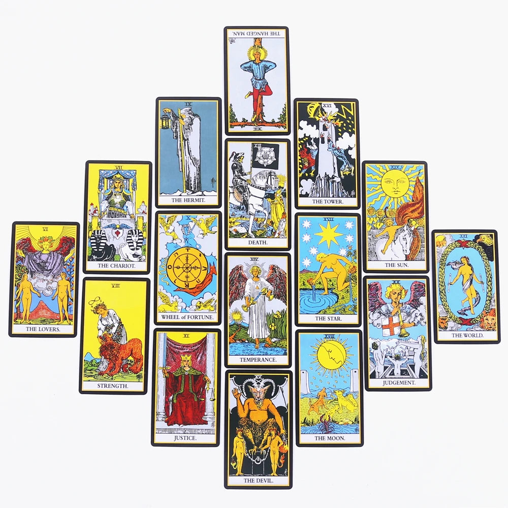 Set of tarot cards arranged in a diamond formation on a white background