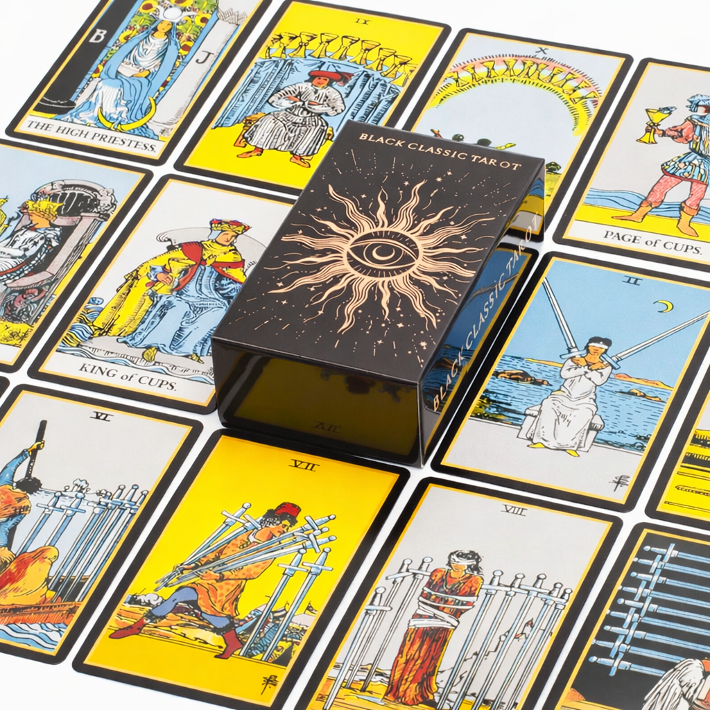 Black Classic Tarot box surrounded by tarot cards on a white background