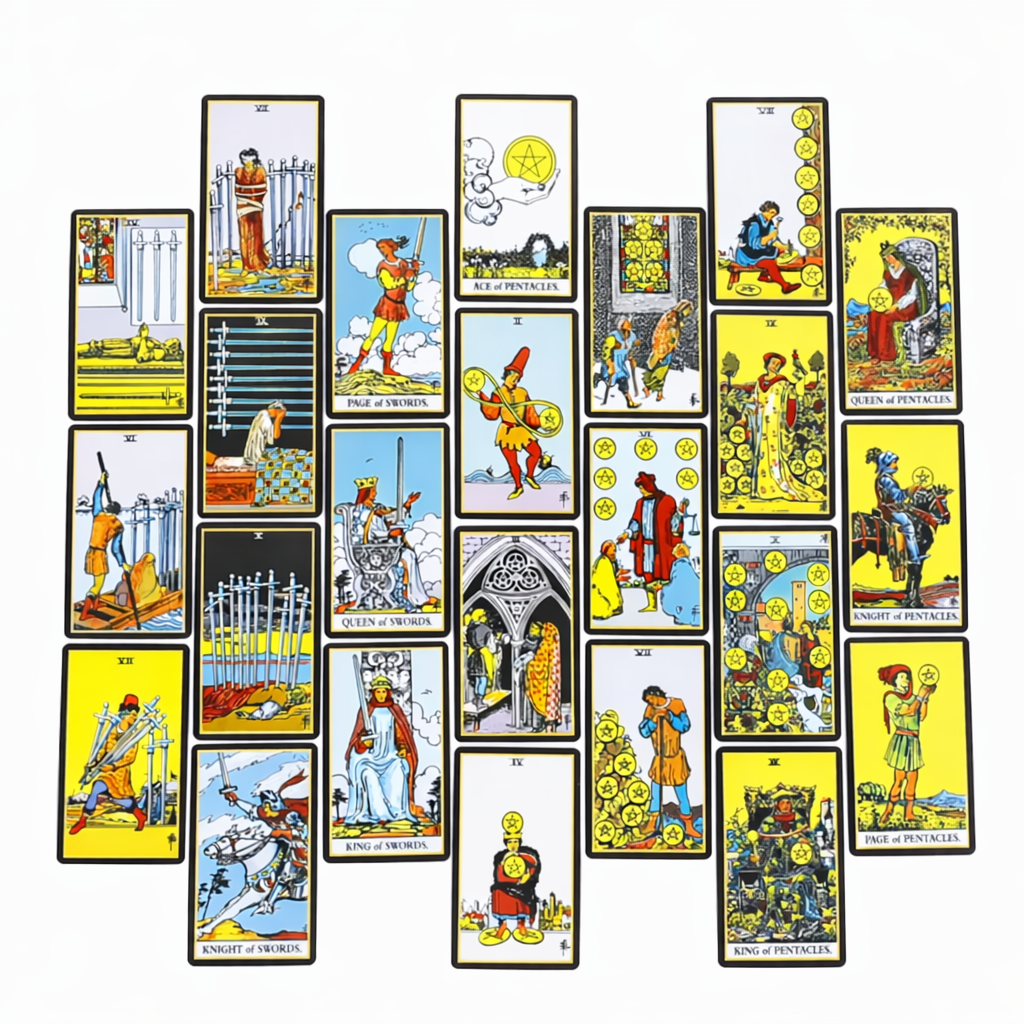 Collection of tarot cards arranged in a grid on a white background