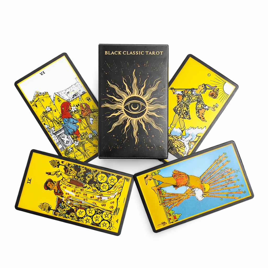 Black Classic Tarot 4 cards with tarot cards fanned out on a white background