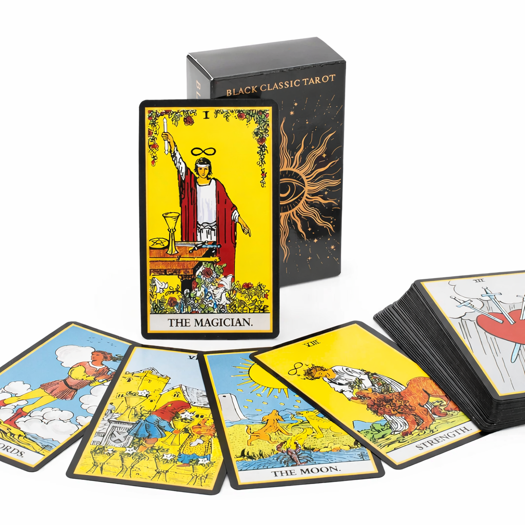 Black Classic Tarot cards with 'The Magician' card displayed, on a white background.