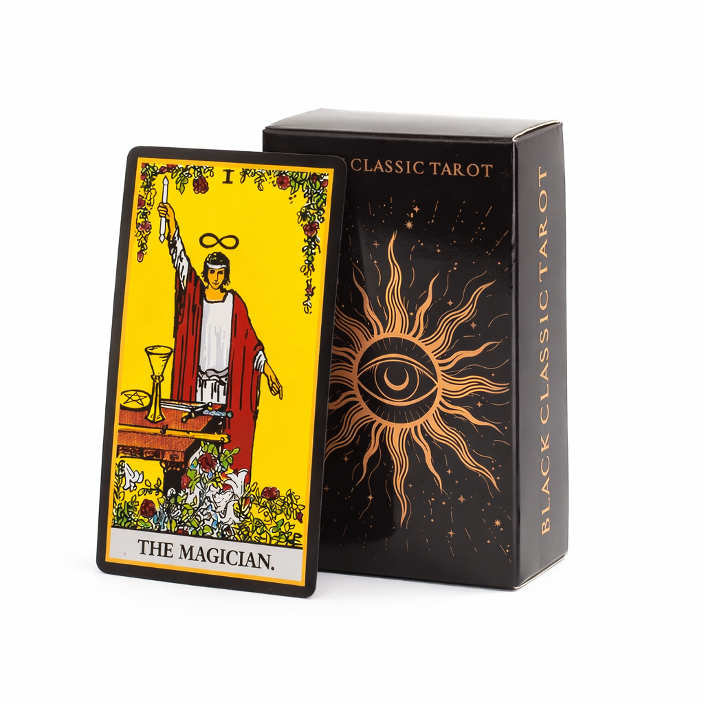 Tarot card featuring 'The Magician' and tarot card box with sun design on a white background