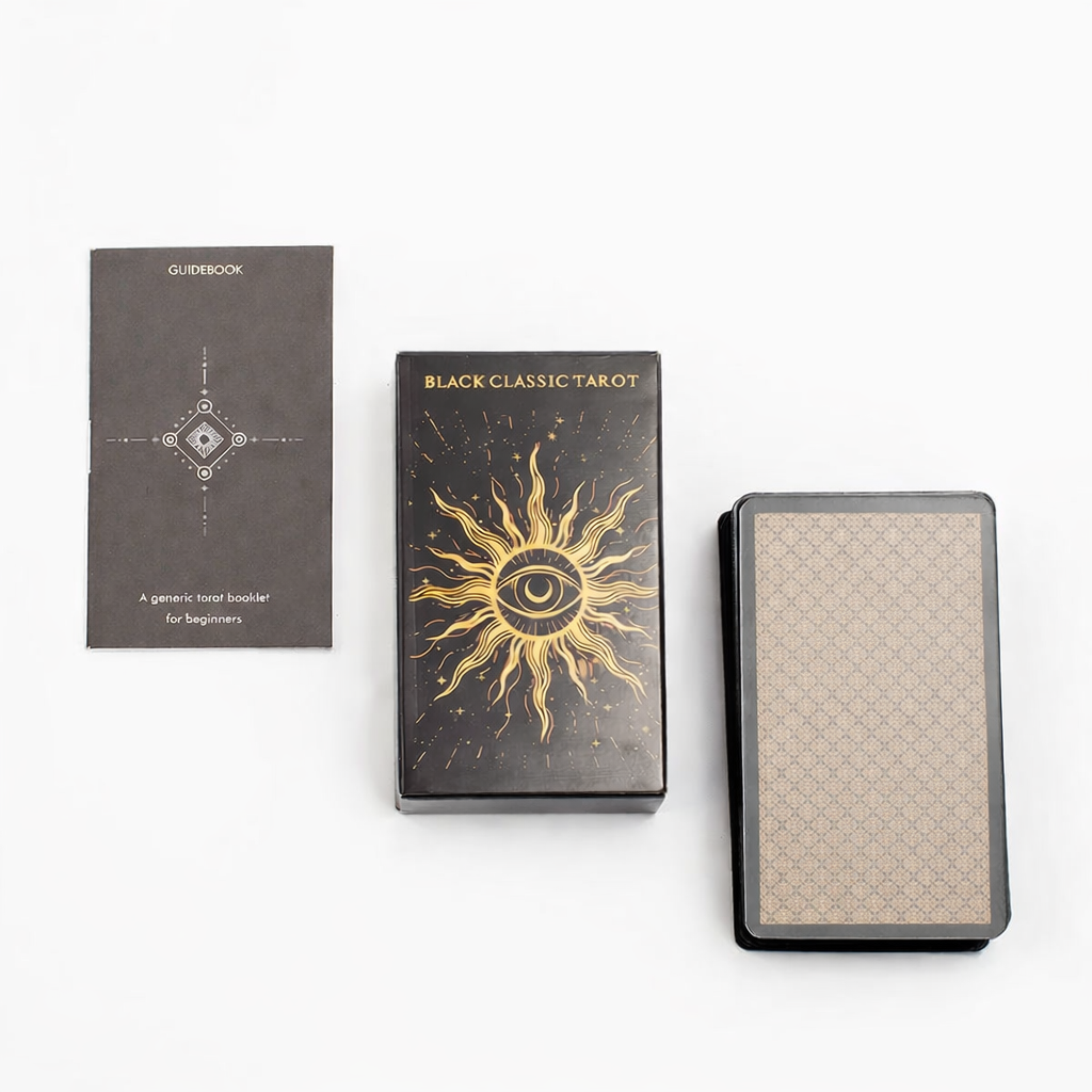 Black Classic Tarot card set with a sun design and eye symbol on a white background
