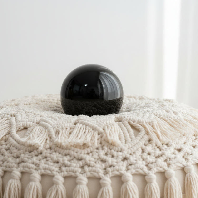Black sphere on a textured white surface with a blurred background