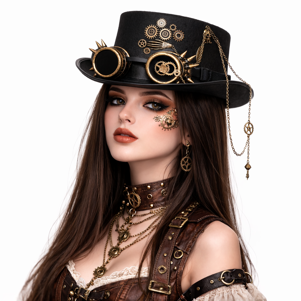 Black steampunk top hat with brass goggles, gears, skull charm, wing detail, and chains shown in side profile on white background.