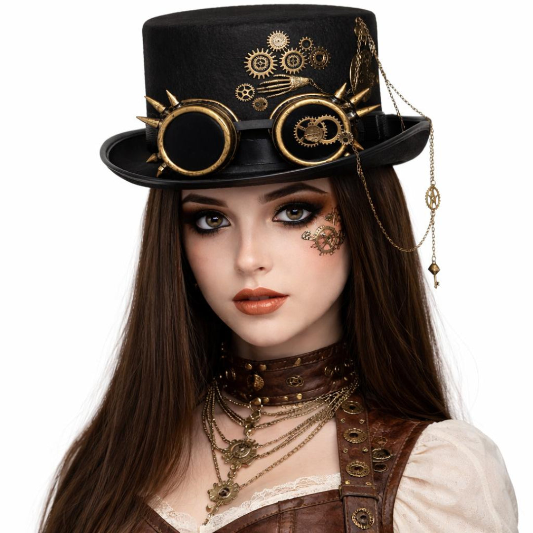 Person wearing a steampunk-style top hat and outfit on a white background