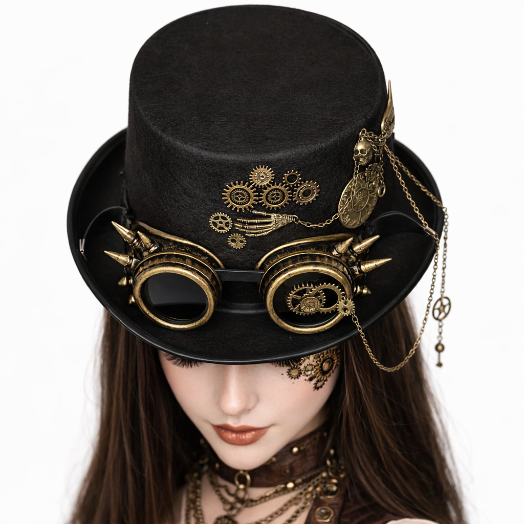 Black steampunk top hat with brass goggles, gears, skull charm, and dual chain detail shown in top-view angle on white background.