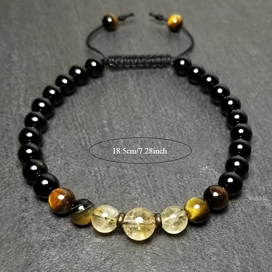 1pc Black Tourmaline Tiger Eye & Citrine Bracelet - 6mm Chakra Adjustable Wrist Jewelry For Men Women with measurements
