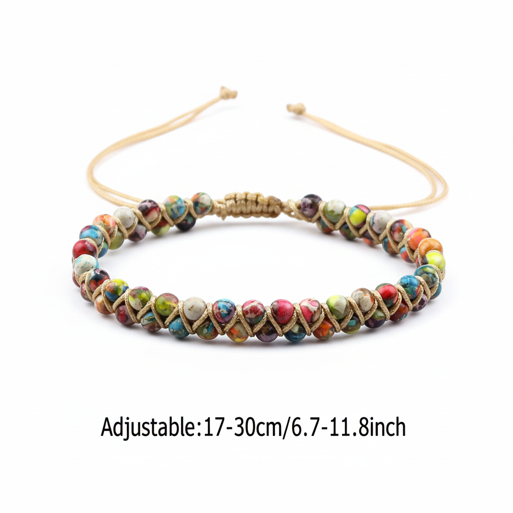 Colorful beaded bracelet with adjustable length on a white background