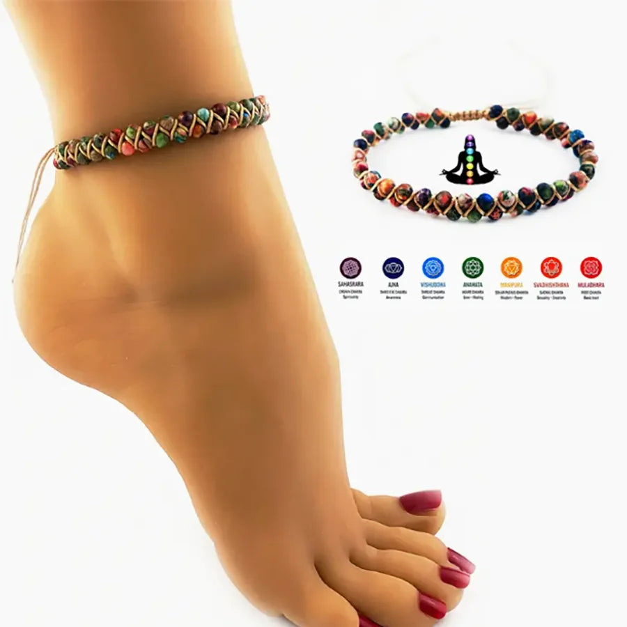 Bohemian beaded anklet worn on ankle showing adjustable fit and beach style
