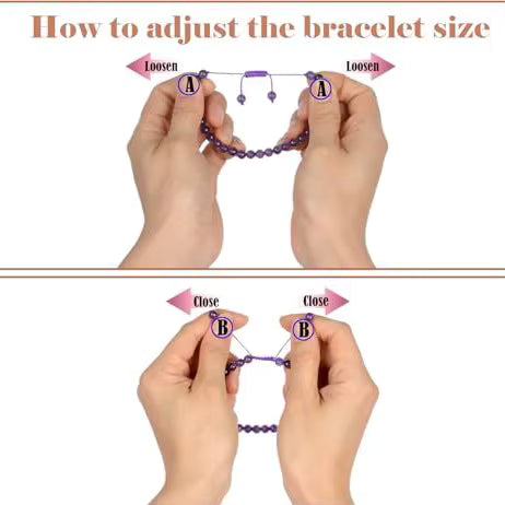 Instructions on how to adjust a bracelet size with hands shown loosening and closing the bracelet.