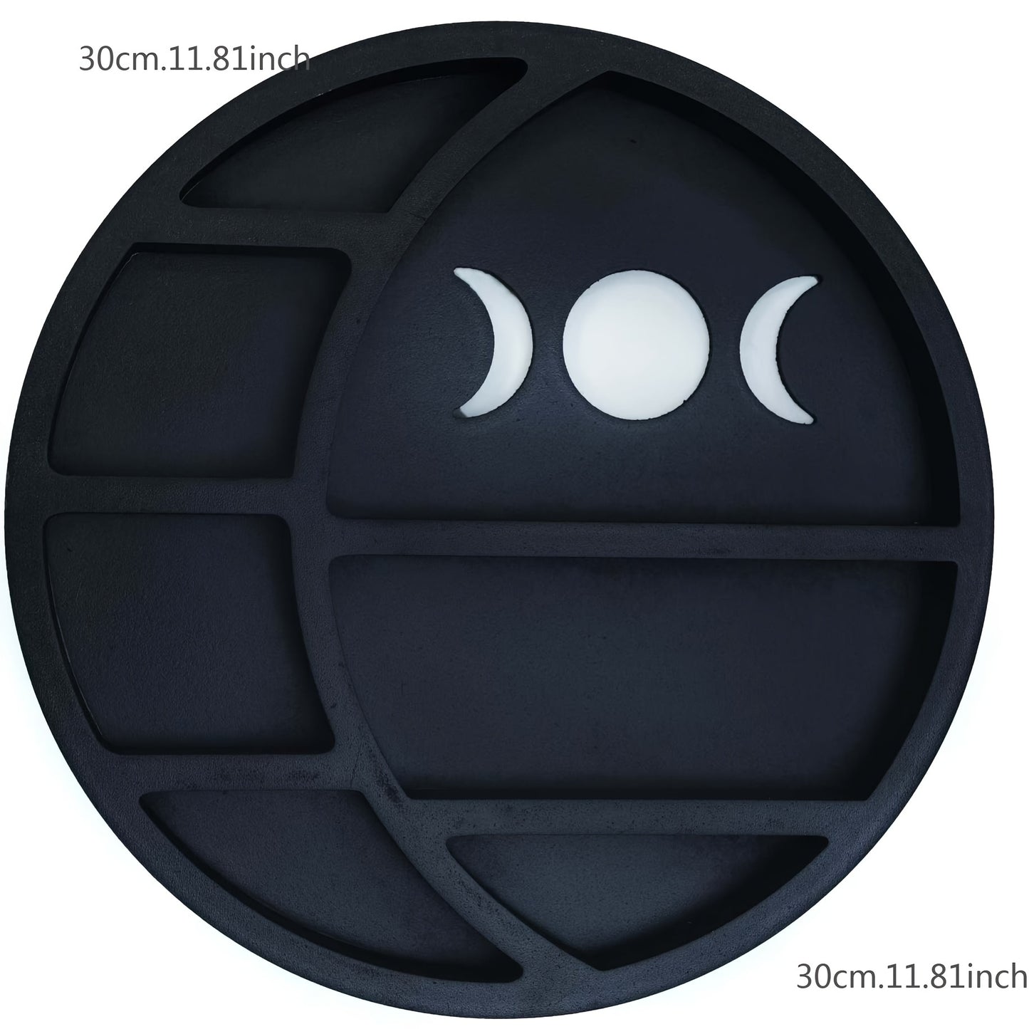 Black silicone tray with moon phase design on a white background. Measurements for diameter of the circle and pockets.