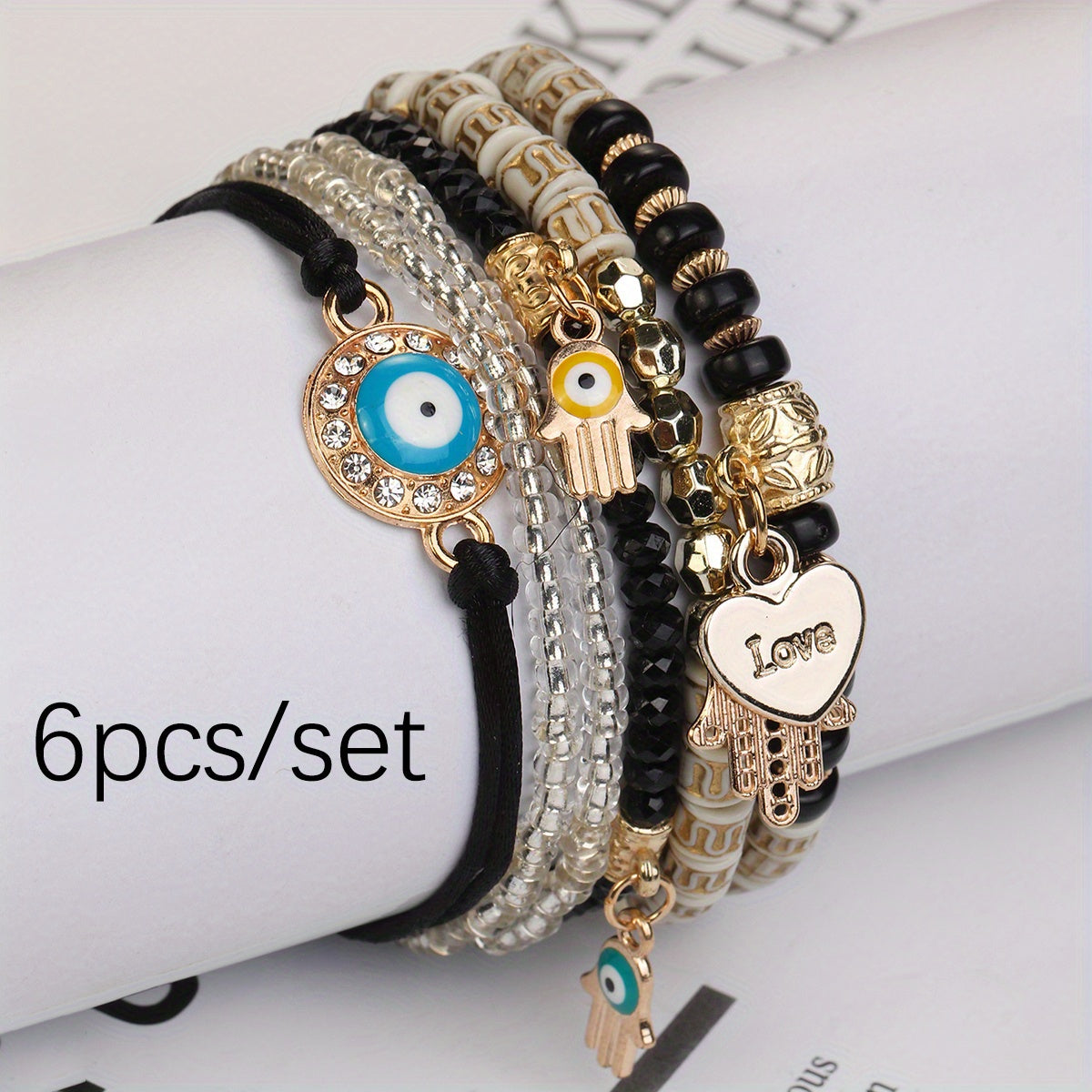 6-Piece Boho Beaded Bracelet Set Handmade Adjustable Glass Bracelets in black