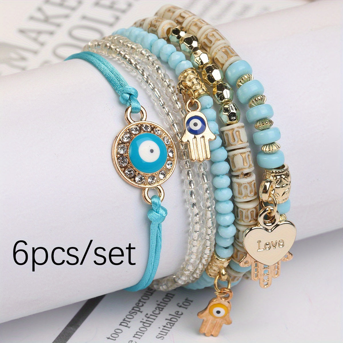 6-Piece Boho Beaded Bracelet Set Handmade Adjustable Glass Bracelets in blue