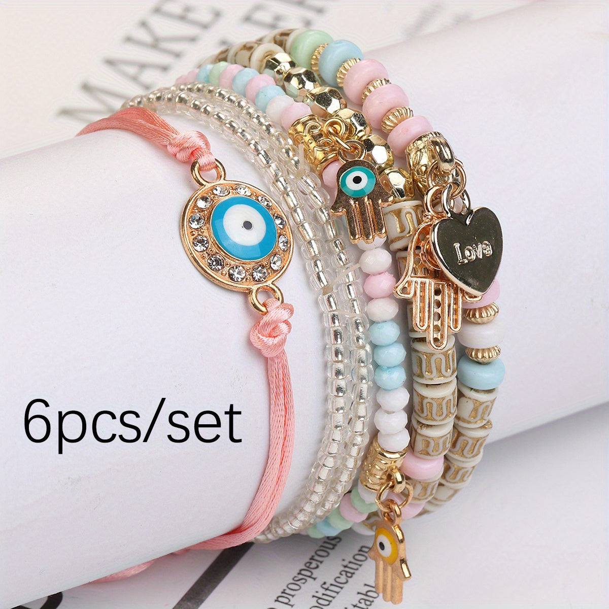 6-Piece Boho Beaded Bracelet Set Handmade Adjustable Glass Bracelets light colors