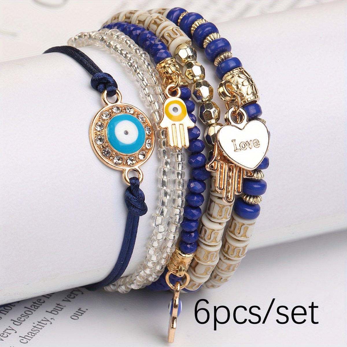 6-Piece Boho Beaded Bracelet Set Handmade Adjustable Glass Bracelets in dark blue