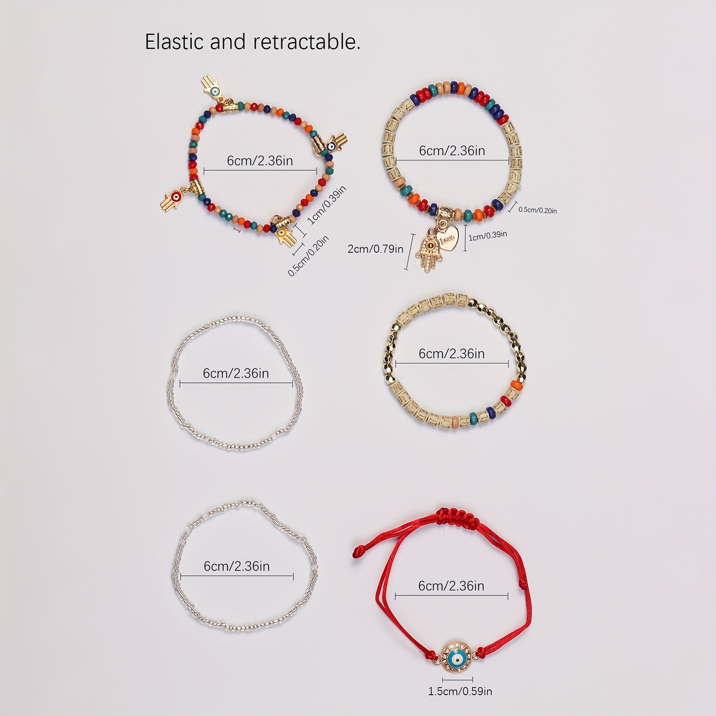 6-Piece Boho Beaded Bracelet Set Handmade Adjustable Glass Bracelets measurements.