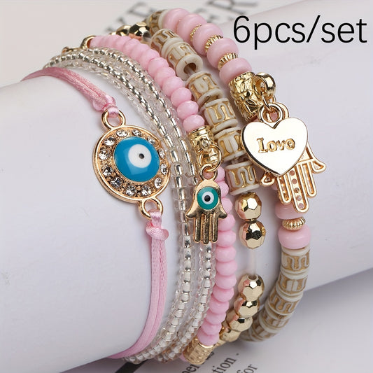 6-Piece Boho Beaded Bracelet Set Handmade Adjustable Glass Bracelets in pink