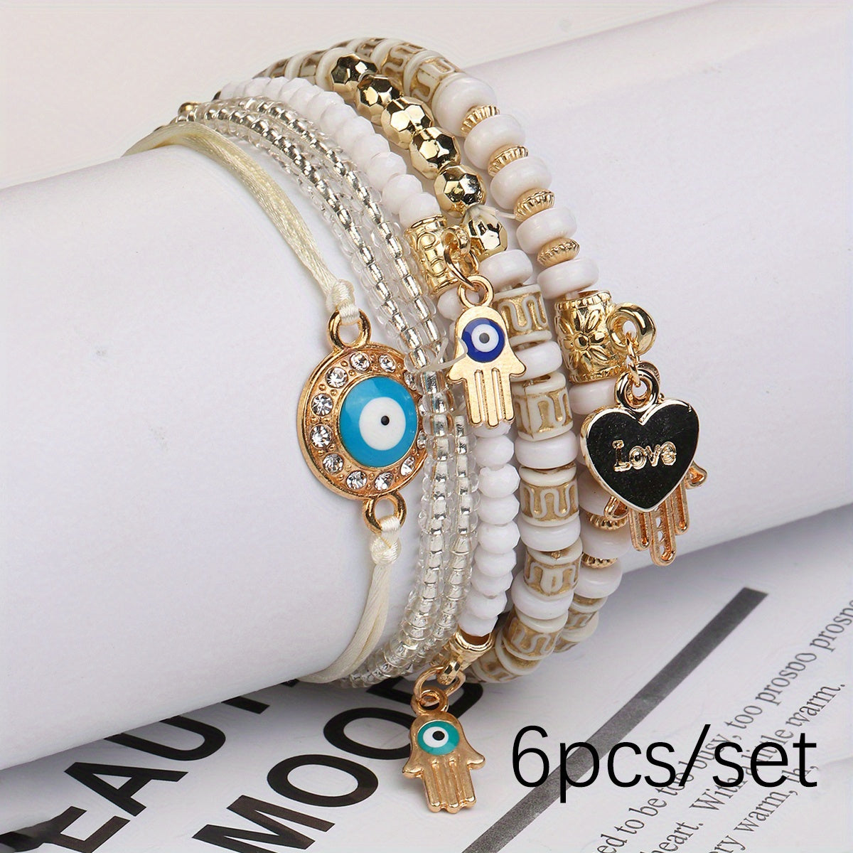 6-Piece Boho Beaded Bracelet Set Handmade Adjustable Glass Bracelets in white