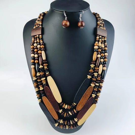 Wooden bead necklace and earrings on a black mannequin with a white background