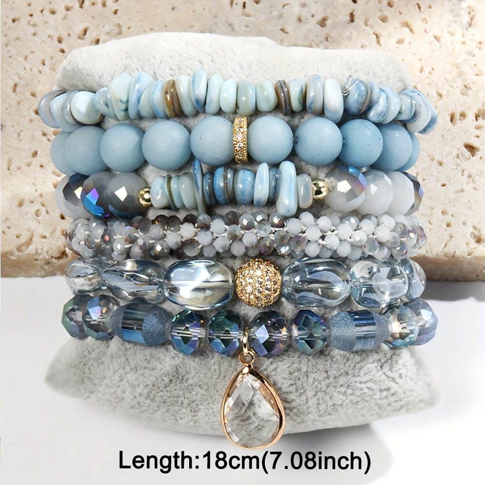 Boho Beaded Tiger Eye Crystal Bracelet 5pcs Set, Stackable Multi-Layer Handmade Stretch Bracelets, Classic Design For Daily And Vacation Wear-Bohemian Elegant Style Suitable For Women. With measurements